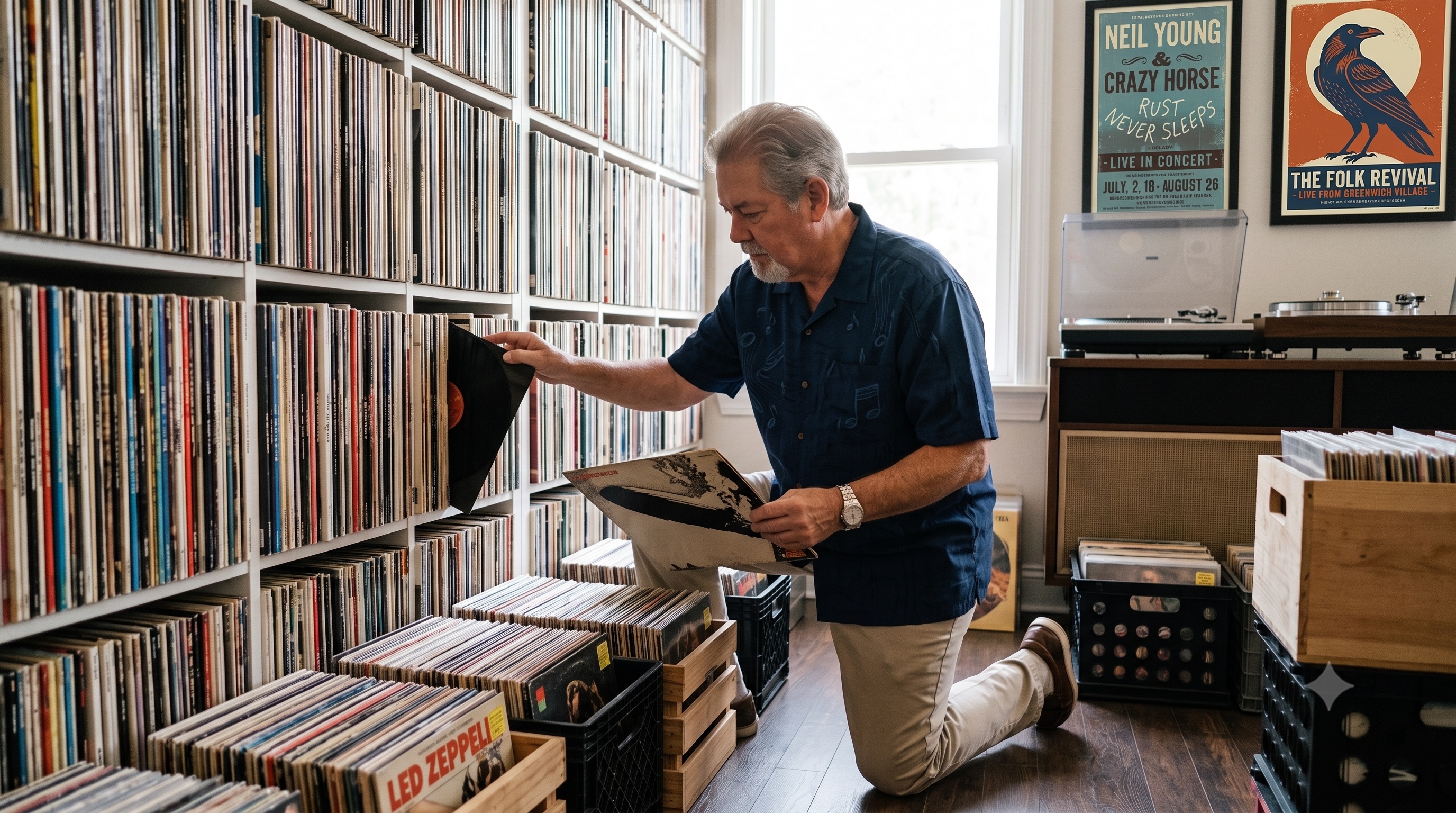 Pat reviewing a large vinyl record collection